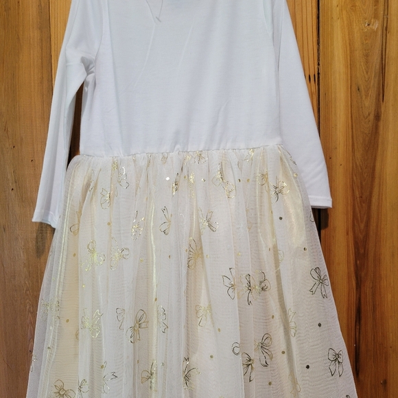 White and Gold Long Sleeve Dress with Bow Design - Picture 4 of 5